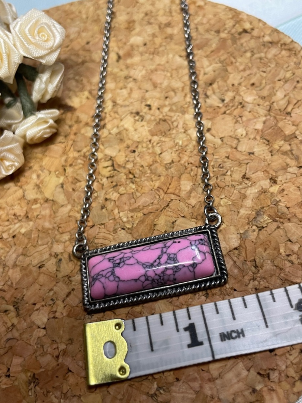 Pink Rectangular Stone Pendant Necklace - Women's Jewelry - Picture 3 of 5